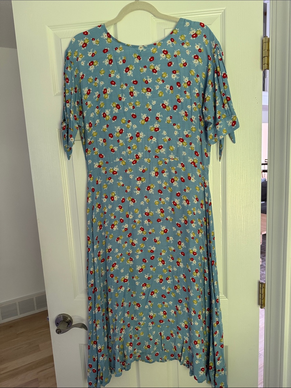 Faithfull the Brand Sky Blue Floral Midi Dress with Red & White Blooms